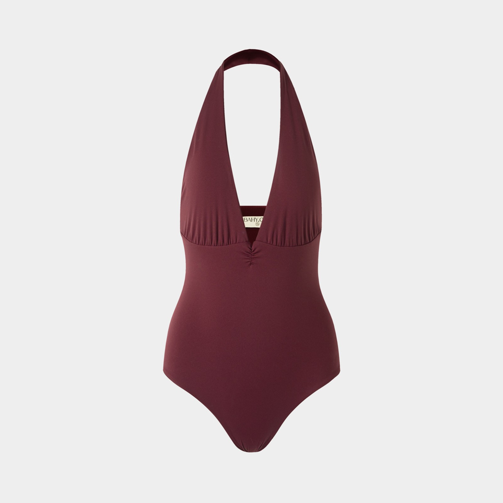 Ảnh dựng form 3D áo body halter màu đỏ đô, giữ phom ôm tự nhiên, chụp nền xám tại studio Juva Media