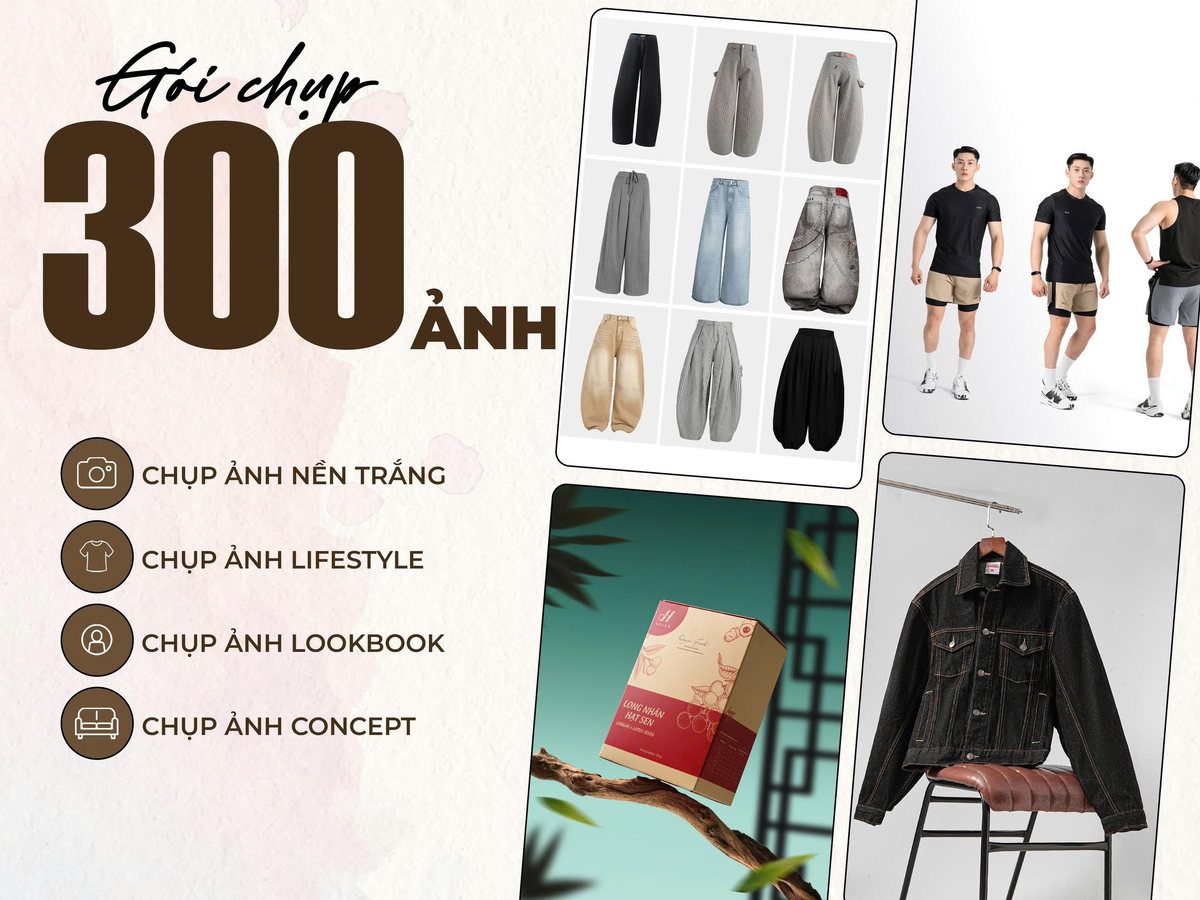 Gói chụp 300 ảnh — nền trắng, lifestyle, lookbook và concept